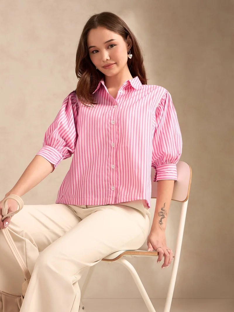 Outzidr  Pink Relaxed Fit Striped Shirt With Balloon Sleeves for Women | Best Price UAE